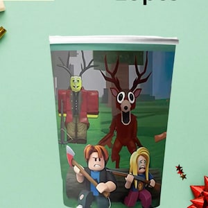 May include: Paper cup with a cartoon design featuring characters with antlers and weapons. The cup has a white rim and the text "Paper cup 10pcs" in black.