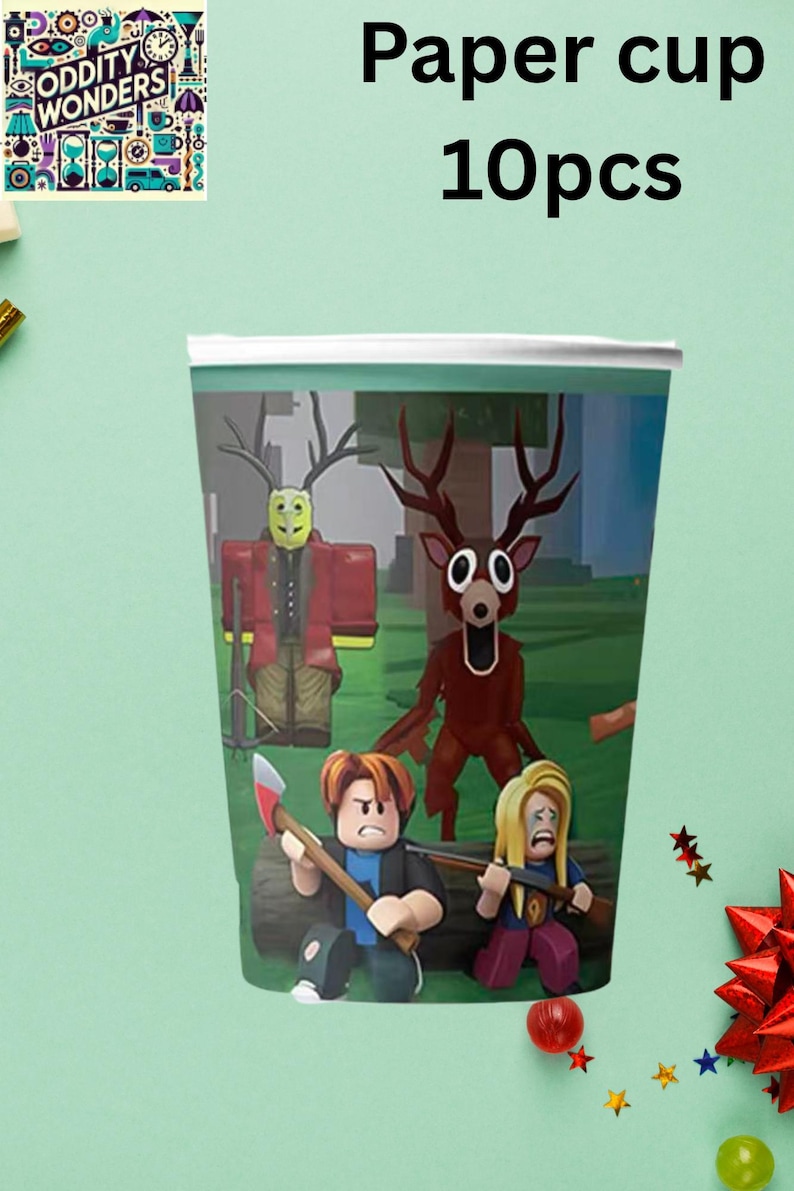 May include: Paper cup with a cartoon design featuring characters with antlers and weapons. The cup has a white rim and the text "Paper cup 10pcs" in black.