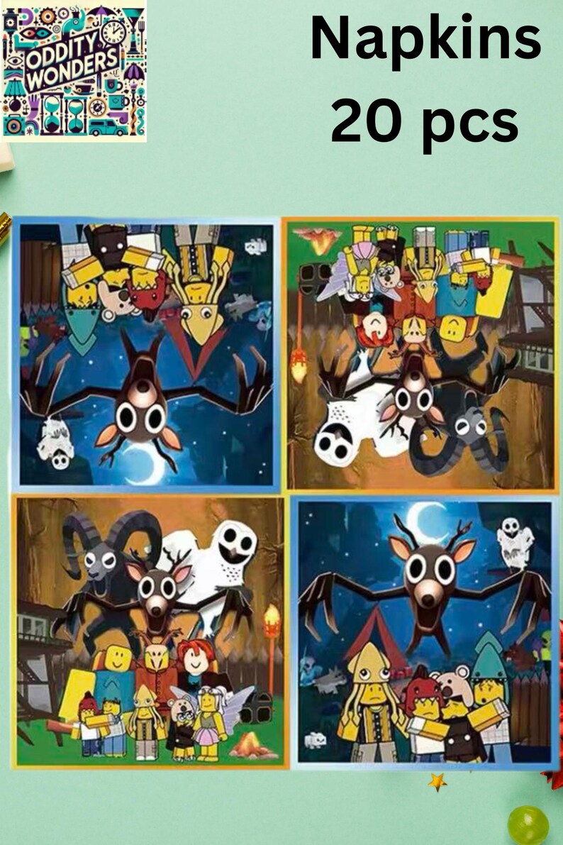 May include: Set of 20 decorative paper napkins featuring whimsical illustrations of cartoon creatures and characters. The napkins have a colorful design with a variety of creatures and characters. The napkins are perfect for a themed party or event.