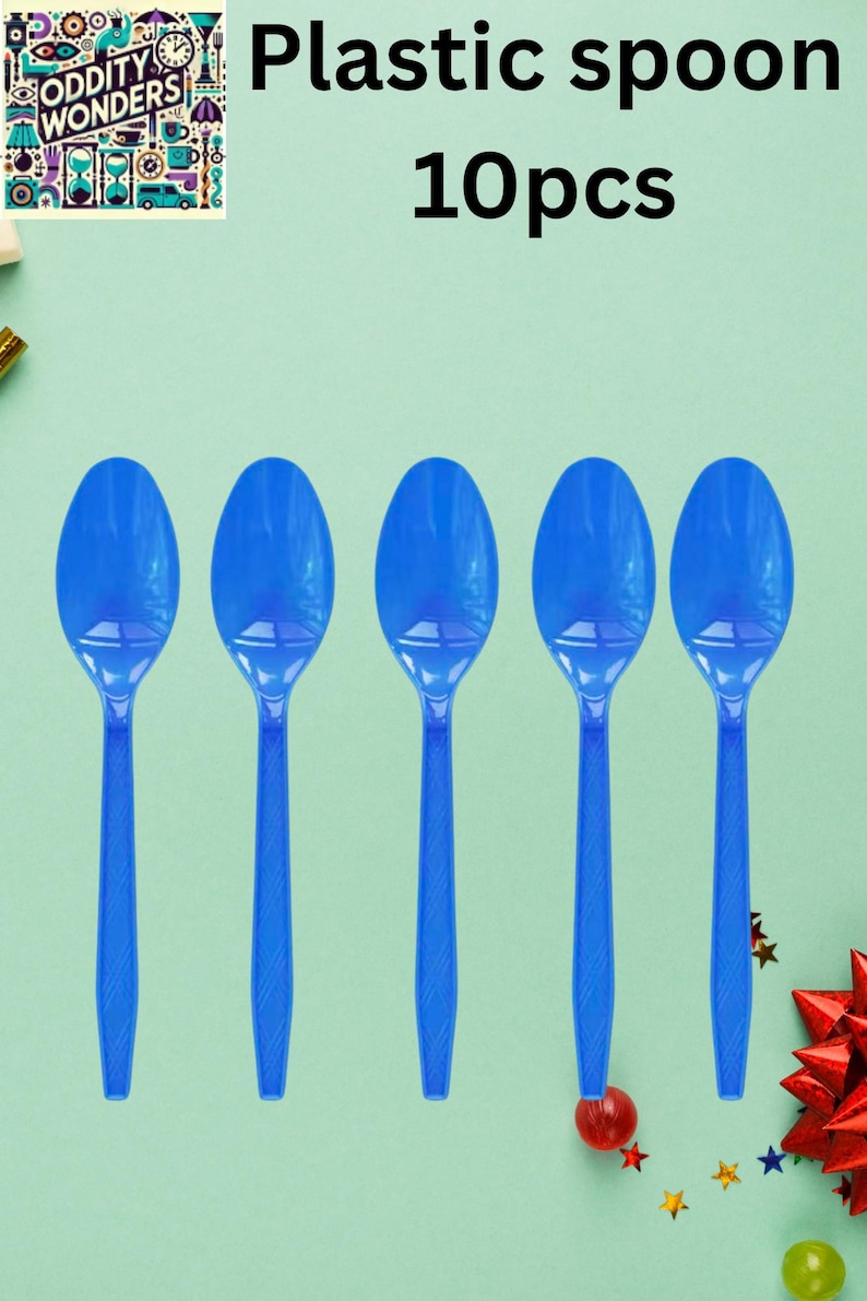 May include: Five blue plastic spoons arranged in a row. The spoons have an oval bowl and a long, thin handle. The text "Plastic spoon 10pcs" is at the top of the image. The logo for "Oddity Wonders" is in the upper left corner.