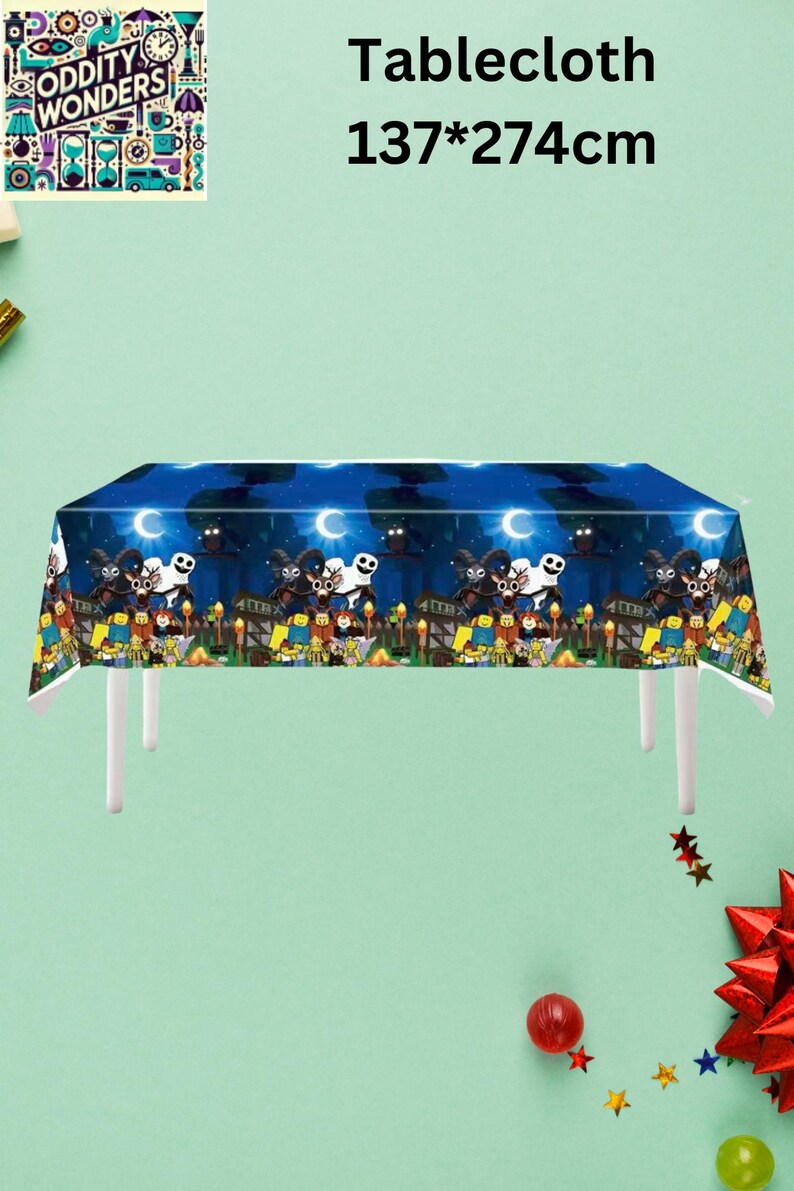 May include: A blue tablecloth with a Halloween-themed design featuring cartoon characters, bats, and moons. The tablecloth measures 54 x 108 inches. The image also includes the text "Tablecloth" and the dimensions in centimeters.