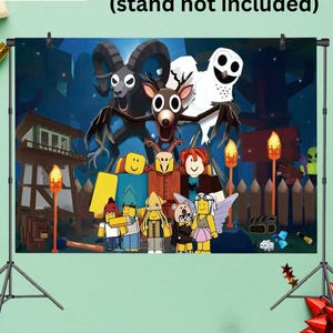 May include: A background banner with a cartoon illustration featuring various characters and the text "Background banner 120*70cm (stand not included)". The banner has a blue and green color scheme.