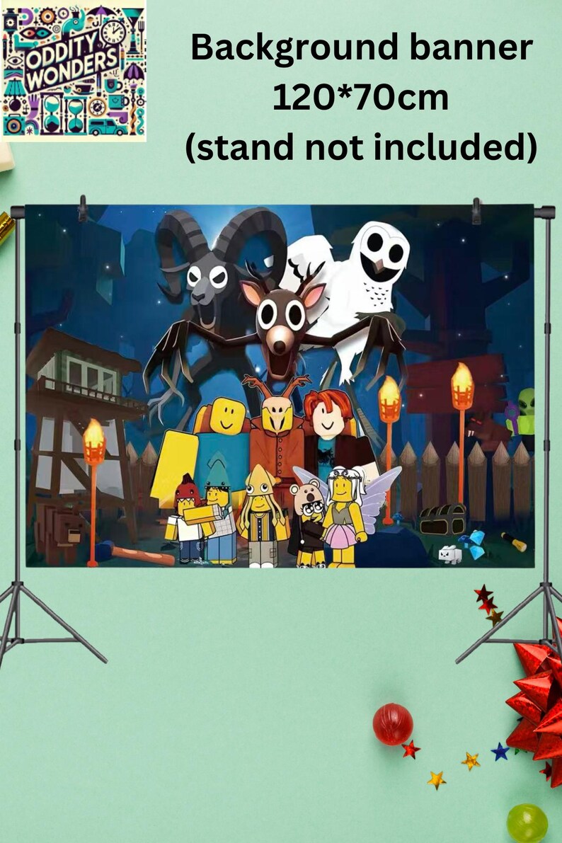 May include: A background banner with a cartoon illustration featuring various characters and the text "Background banner 120*70cm (stand not included)". The banner has a blue and green color scheme.