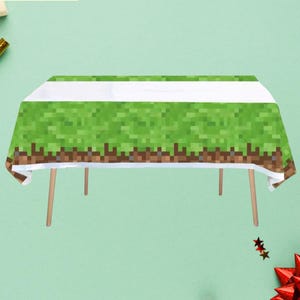 Pixel Block Inspired Birthday Party Decoration Set — Table Cover, Cupcake Toppers, Cake Topper & Hanging Swirls