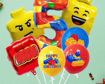 Ballonset met bouwstenen | Verjaardagsfeestje decoraties met steenthema | Set ballontaarttoppers voor kinderen | Kleurrijk blokfeestdecor