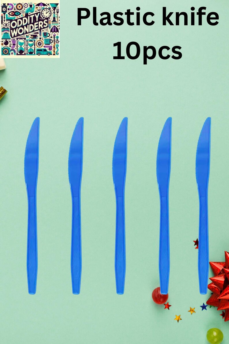 May include: A set of ten blue plastic knives. The image features five knives in the foreground, with the text "Plastic knife 10pcs" in black at the top. The logo for "Oddity Wonders" is in the top left corner.