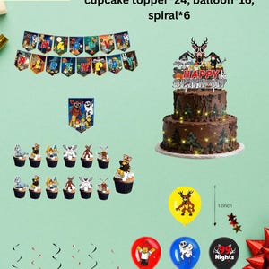 May include: A birthday party decoration set, including a banner, cake topper, cupcakes, balloons, and spirals. The cake is a three-tiered chocolate cake with a deer topper. Balloons are 12 inches in diameter.