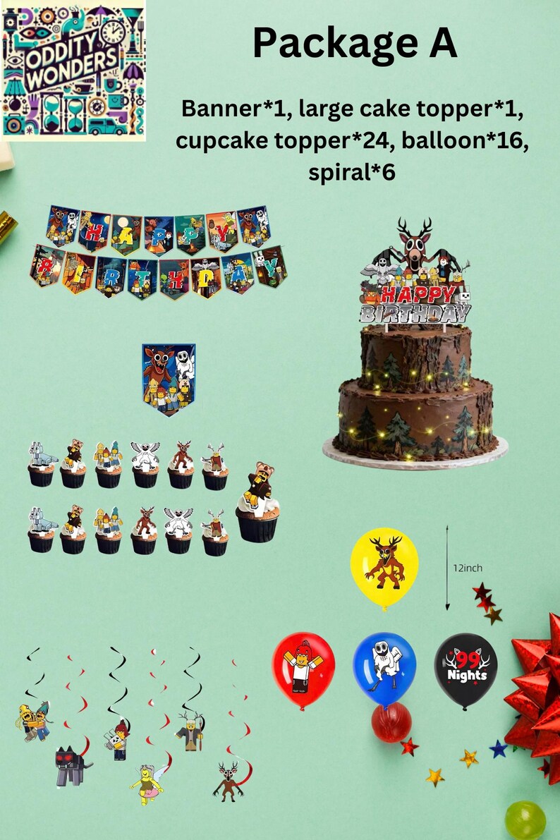May include: A birthday party decoration set, including a banner, cake topper, cupcakes, balloons, and spirals. The cake is a three-tiered chocolate cake with a deer topper. Balloons are 12 inches in diameter.