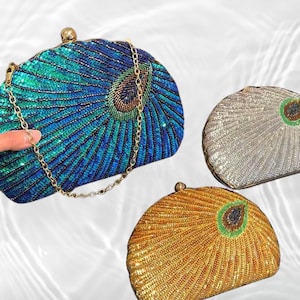 Bolso de mano vintage con cuentas de pavo real: elegante bolso de noche con conchas de diamantes de imitación