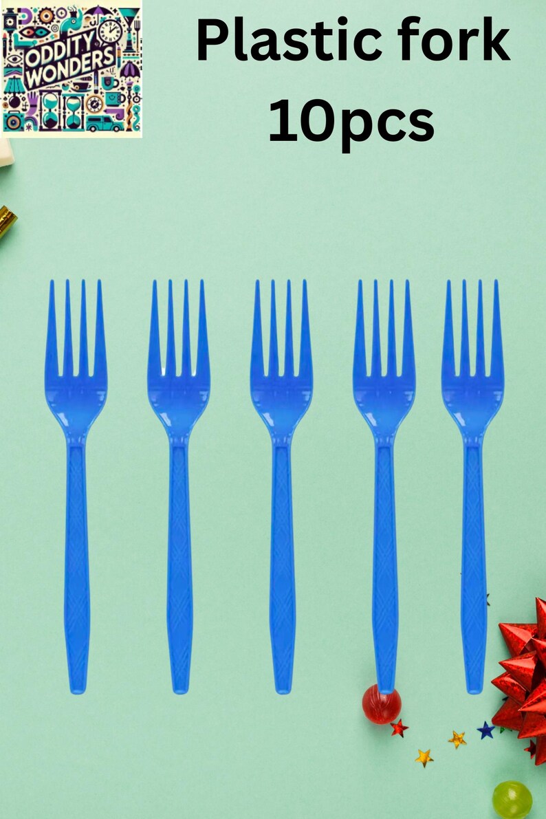 May include: Five blue plastic forks arranged in a row against a light green background. The text "Plastic fork 10pcs" is at the top. The forks are evenly spaced and have a simple, functional design.