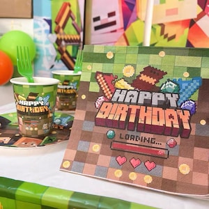 Pixel Block Inspired Birthday Party Supply Set — Table Cover, Banner, Cups & Utensils, Gamer Party Decor
