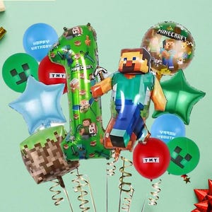 Pixel Block Inspired Birthday Party Balloon Set — 12 Balloons + 40inch + Number Balloons, Gamer Party Decorations, No Stand