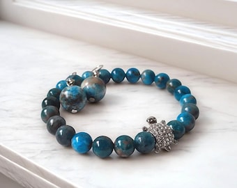 Apatite Jewelry Set, 8mm Bracelet with Turtle Charm and 12mm Drop Earrings, Natural Gemstone