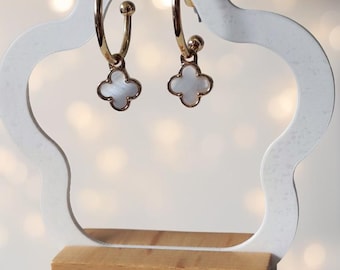 Gold Plated Four Leaf Clover Hoop Earrings: Stainless Steel