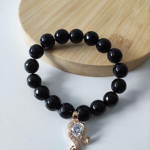 Black Agate Stone Bracelet with Charm