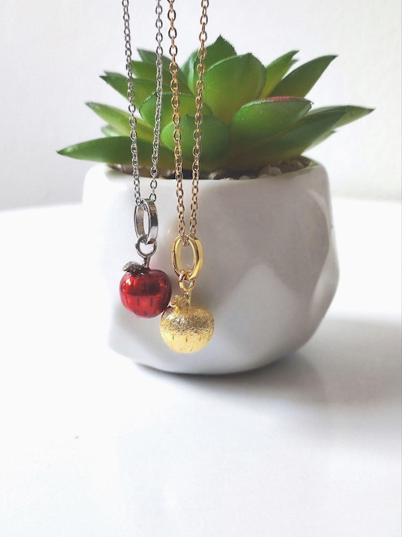 Apple Red Sterling Silver Pendant Necklace - Stainless Steel Chain
