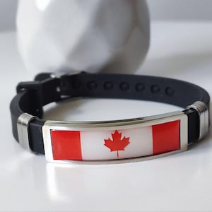 Canada Flag Bracelet, Rubber and Stainless Steel, Black Rubber Bracelet with Canadian Flag Plate, Black Rubber Bracelet with Steel Plate