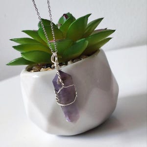 Hexagon Amethyst Pendant Necklace, Copper Wire Wrapped Crystal, on  24&quot; Silver Chain, Natural Amethyst Crystal Necklace, Amethyst Necklace