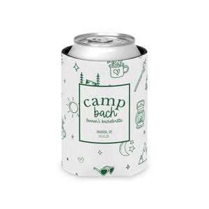 camp bach decor, bach can cooler, custom can cooler, bach favors, bachelorette cozies, beach bachelorette, camp bachelorette, bachelorette decor, bachelorette party, bridal party, bridal party gifts, custom party favor, custom party favors