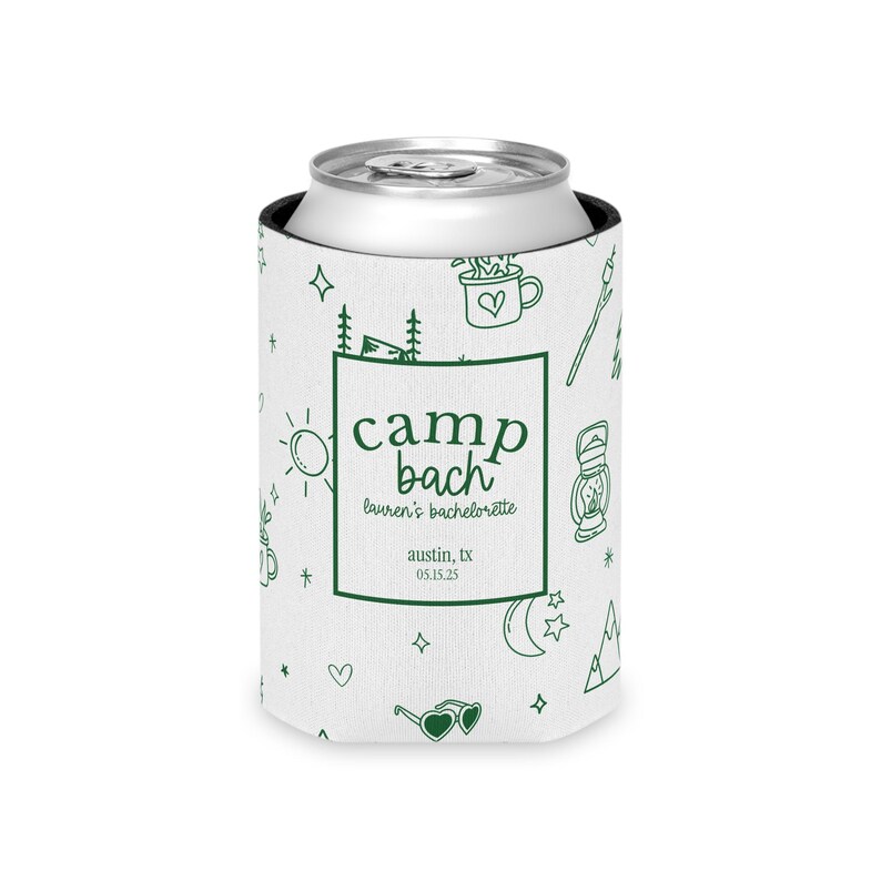 camp bach decor, bach can cooler, custom can cooler, bach favors, bachelorette cozies, beach bachelorette, camp bachelorette, bachelorette decor, bachelorette party, bridal party, bridal party gifts, custom party favor, custom party favors