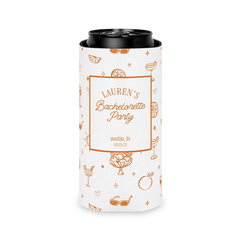 custom can cooler, love at first spritz, slim can, bachelorette merch, cocktail party favor, spritz bachelorette, beach bachelorette, can cooler, can coolers, girls weekend, bachelorette, bachelorette party, party favors