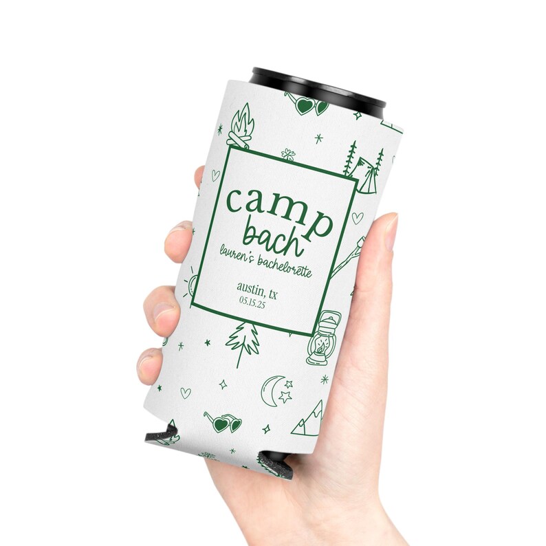 camp bach decor, bach can cooler, custom can cooler, bach favors, bachelorette cozies, beach bachelorette, camp bachelorette, bachelorette decor, bachelorette party, bridal party, bridal party gifts, custom party favor, custom party favors
