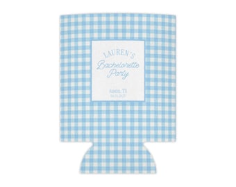 Blue Gingham Bachelorette Party Can Cooler | Personalized Blue Gingham Bachelorette Can Cooler | Custom Bach | Bridal Shower & Brunch Favor