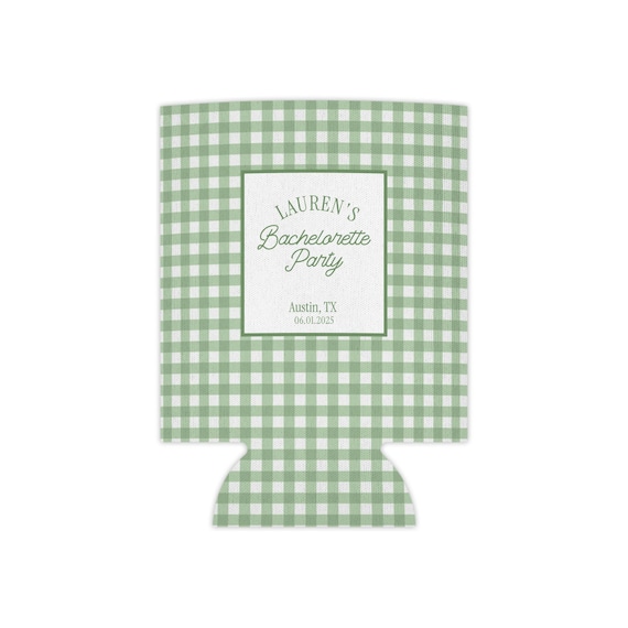 Personalized Green Gingham Can Cooler: Custom Preppy Bachelorette Party Favor