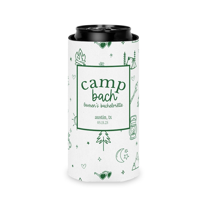 camp bach decor, bach can cooler, custom can cooler, bach favors, bachelorette cozies, beach bachelorette, camp bachelorette, bachelorette decor, bachelorette party, bridal party, bridal party gifts, custom party favor, custom party favors