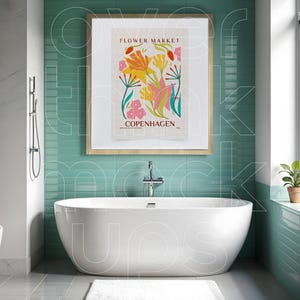 Scandinavian Aesthetic Bathroom Frame Mockup with Bathtub, Modern Frame Print Mockup in a Luxury Bath, PSD Framed Art Mockup Smart Object