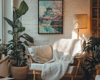 Framed Poster Print Mockup in Natural Sunlighted View of Reading Corner, DinA Size Canvas Mockup in Living Room, Cozy Warm House Art Display