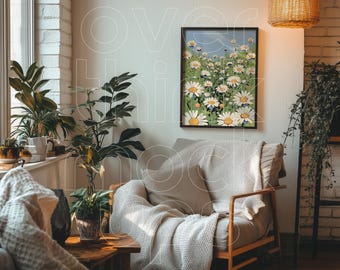Framed Poster Mockup with Big Plant, Art Print on the Living Rooms Wall Mockup, PSD Mockup File, Interior Design Smart Objected Mockup File