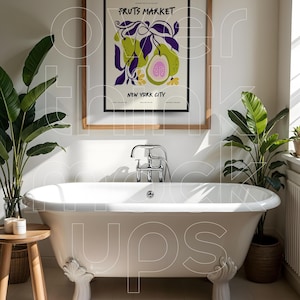 Frame Mockup Above the Bathtub in the Bathroom, Frame Mockup in Vintage Bathroom with White Tiles, Modern Art Mockup in Daylight, PSD Mockup