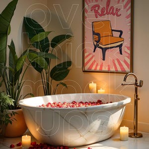Aesthetic Bathroom Frame Mockup Adorned with Candles, Flowers and a Bathtub, Print Mockup in a Warm Bath, Scandinavian Framed Art Mockup