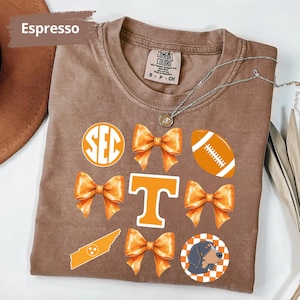 a brown t-shirt with various decorative elements, including a football, a dog, and a ribbon bow, all of which are orange in color.