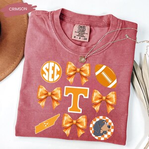 A pink t-shirt with various football-related graphics and text, including a large "T" with a bow, a football, and a dog.
