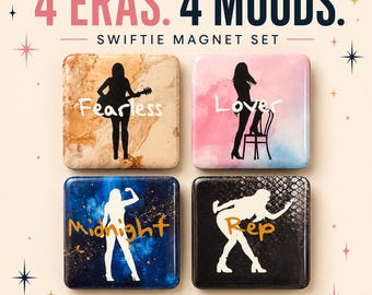 Swiftie Magnet Set of 4 | Taylor Inspired Eras Magnets | Fridge, Locker & Office Decor | Swiftie Gift for Teen Girls