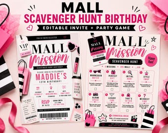 Invitation d'anniversaire personnalisable sur le thème d'une chasse au trésor dans un centre commercial + jeu | Fête pour préadolescents (Téléchargement numérique)