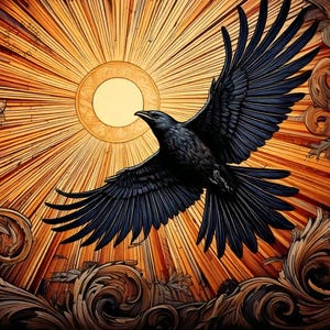 Puede incluir: Un cuervo negro con las alas extendidas vuela sobre un fondo de rayos dorados que emanan de un sol. El fondo está decorado con intrincados patrones marrones en espiral.