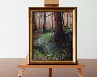 Camino forestal de Virginia de nomeolvides, pintura al óleo original enmarcada