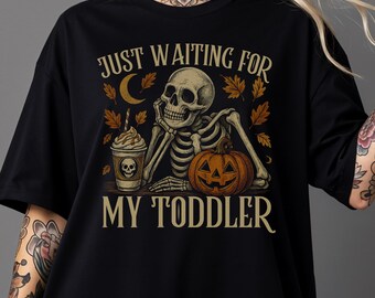 Camiseta engraçada de Halloween para mãe de criança: camiseta esqueleto esperando pai