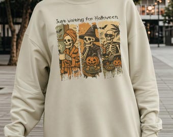 Moletom de esqueleto assustador: gola redonda retrô de Halloween - pulôver aconchegante de outono