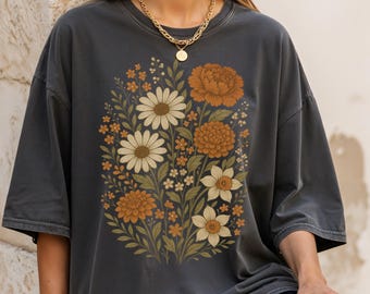 Camiseta vintage com flores de outono: camiseta gráfica botânica retrô