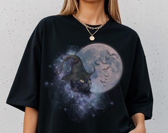 Camiseta de Halloween da Black Cat: Chapéu de Bruxa, Lua Cheia, Camiseta Witchcore