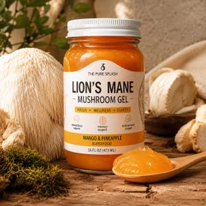 May include: A jar of Lion's Mane mushroom gel with a white lid and a label that reads "Lion's Mane - Mushroom Gel". The gel is orange and has a spoon with a scoop of gel. The label also says "Mango & Pineapple Superfood" and "16 FL OZ (473 ML)".