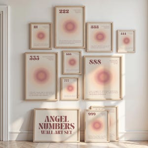 Manifestation Magic & Numerology | Angel Numbers 111 – 999 Witchy Pink Decor Wall Art Poster Set | Celestial Aura Printable Gallery Wall