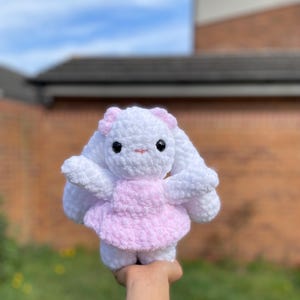 Crochet Baby Bunny Decoration Piece, Handmade Collectible Bunny with Pink Dress and Bow Accents