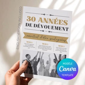 Carte de remerciements pour employé/ Nombre d'années de dévouement et retraite. Téléchargement instantané personnalisable sur Canva
