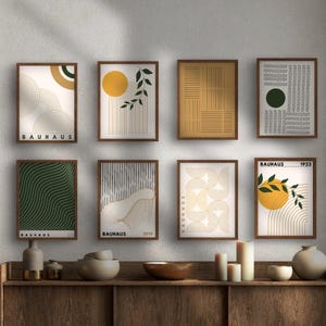 Bauhaus/Geometric Inspired wall art - 8 printable designs, soft and cozy living room wall decoration in dark yellow and green.