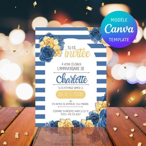 Carton d'invitation de fête tout âge style bord de mer bleu et or personnalisable dans Canva